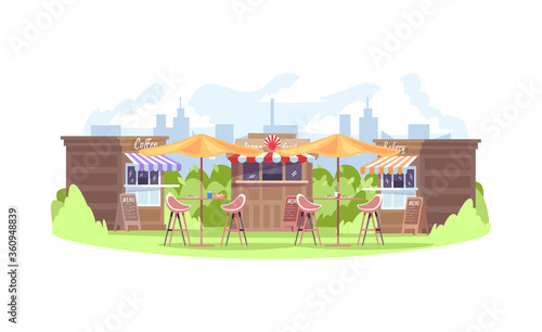 Fototapeta Naklejka Na Ścianę i Meble -  Food fest semi flat vector illustration. Counters with fastfood. Seasonal market with stores and shops. Fair in urban park. Summer food court 2D cartoon cityscape for commercial use