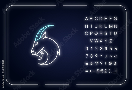 Capricorn zodiac sign neon light icon. Outer glowing effect. Astrology, horoscope goat sign with alphabet, numbers and symbols. Herbivore farm animal with horns vector isolated RGB color illustration