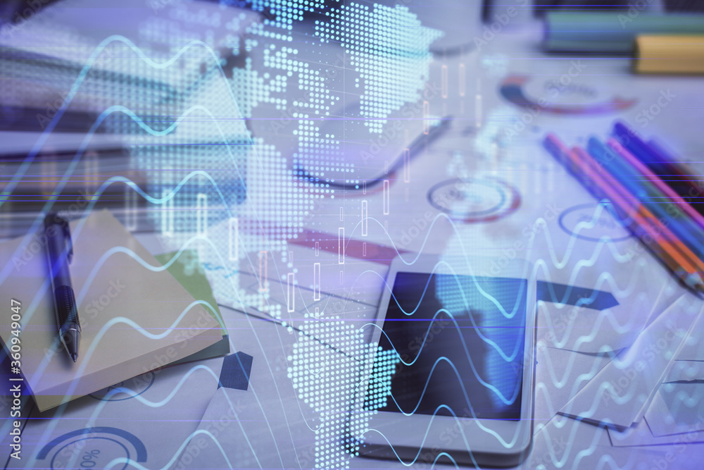 Double exposure of forex graph drawing and cell phone background. Concept of financial data analysis Double exposure of forex graph drawing and cell phone background. Concept of financial data analysis