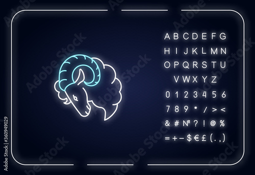 Aries zodiac sign neon light icon. Outer glowing effect. Horoscope ram sign with alphabet, numbers and symbols. Astrological birth sign. Horned farm animal. Vector isolated RGB color illustration