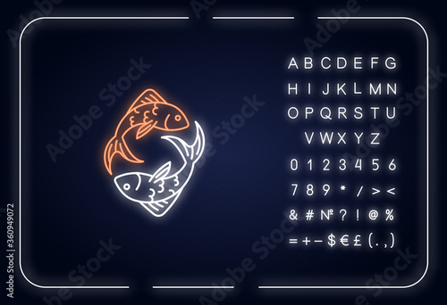 Pisces zodiac sign neon light icon. Outer glowing effect. Horoscope fish, Astrological birth sign with alphabet, numbers and symbols. Two swimming fishes vector isolated RGB color illustration