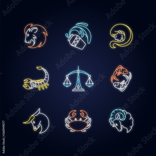 Astrology signs neon light icons set. Different zodiac horoscope fortune telling signs with outer glowing effect. Astrological future prediction. Birth signs vector isolated RGB color illustrations