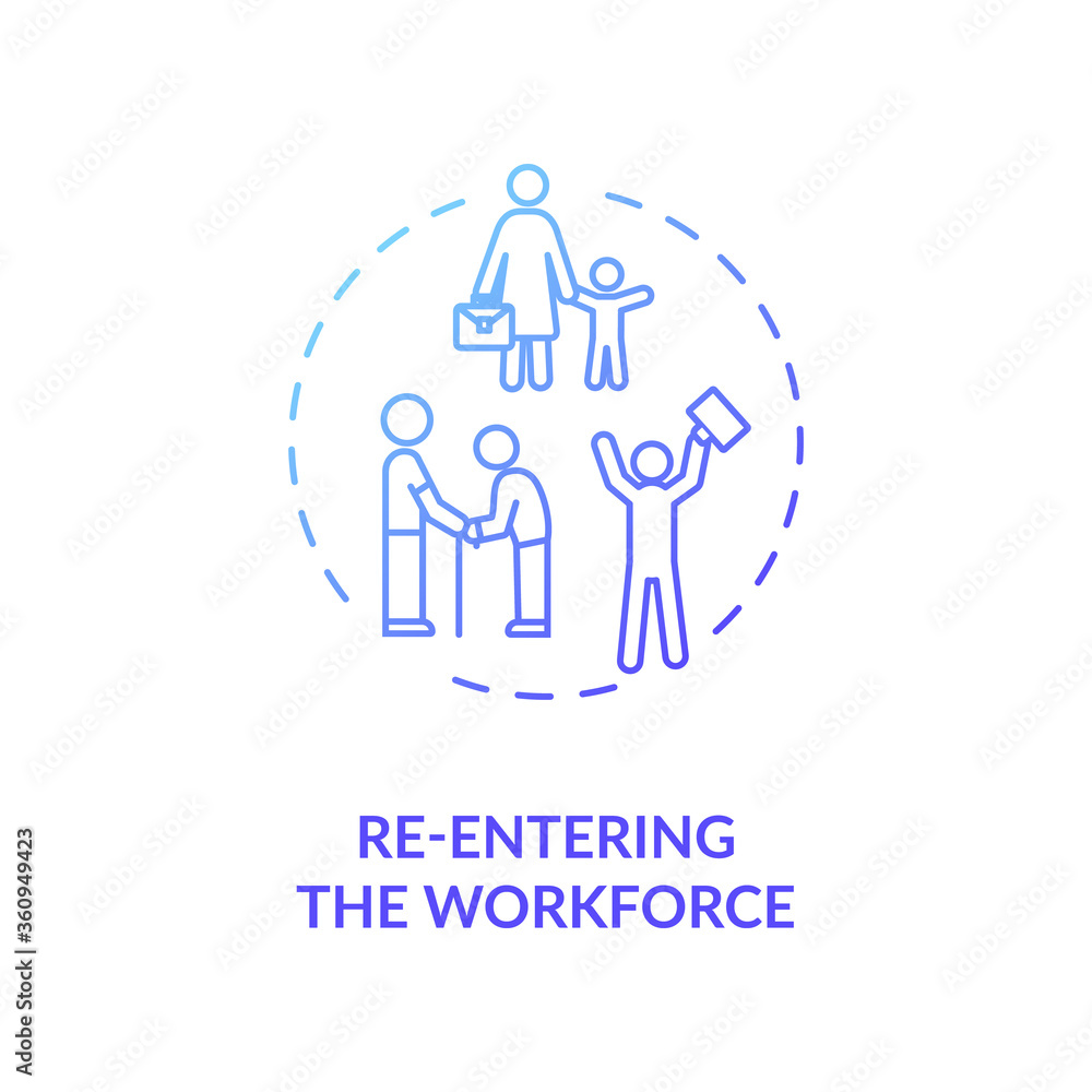 Re entering workforce blue gradient concept icon. Work for elderly and young mother. Corporate employee. Search for job idea thin line illustration. Vector isolated outline RGB color drawing Re entering workforce blue gradient concept icon. Work for elderly and young mother. Corporate employee. Search for job idea thin line illustration. Vector isolated outline RGB color drawing