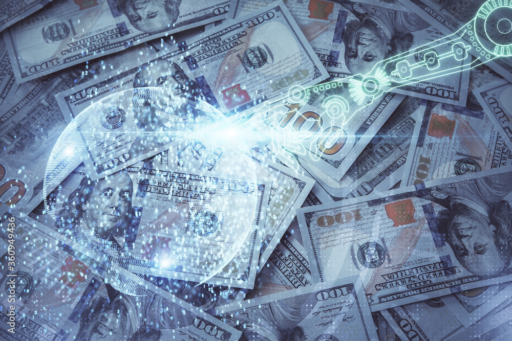 Double exposure of data theme drawing over us dollars bill background. Technology concept.