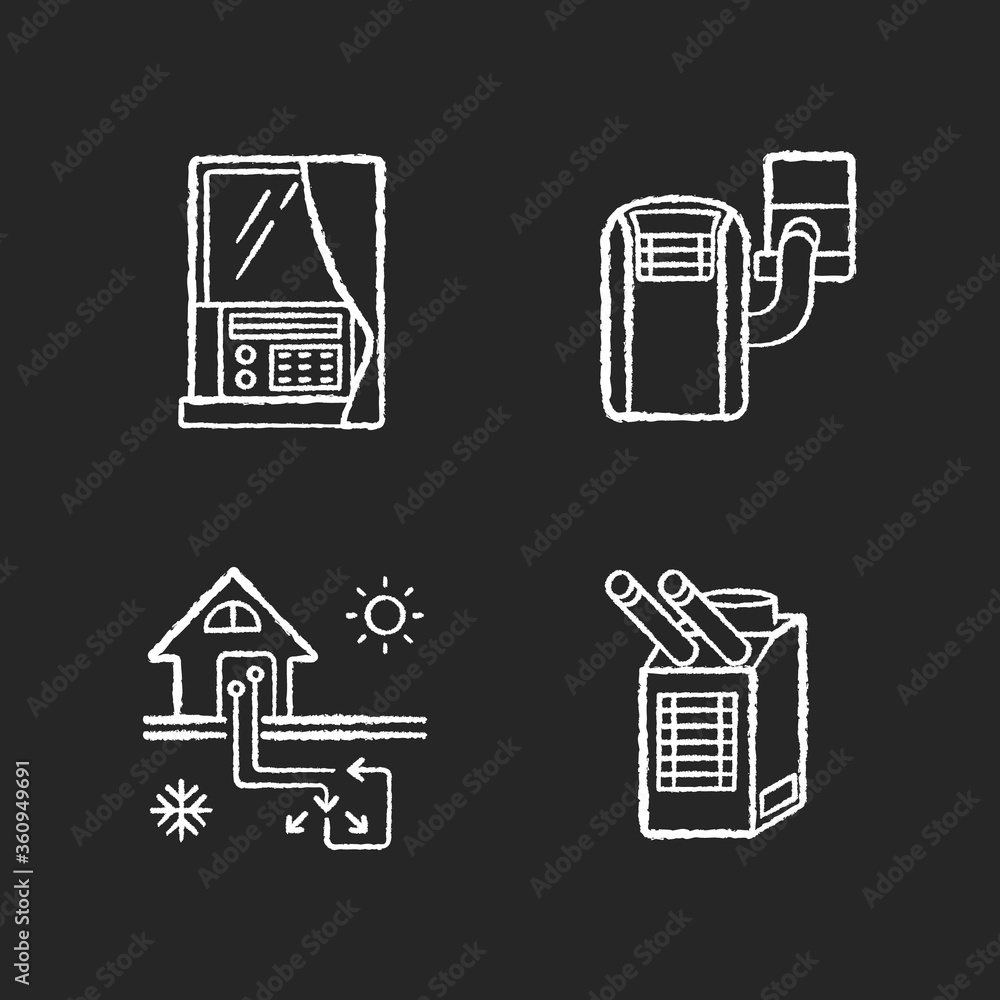 Home conditioning chalk white icons set on black background. Geothermal heating and cooling system. Spot cooler, window air and portable conditioner. Isolated vector chalkboard illustrations Home conditioning chalk white icons set on black background. Geothermal heating and cooling system. Spot cooler, window air and portable conditioner. Isolated vector chalkboard illustrations