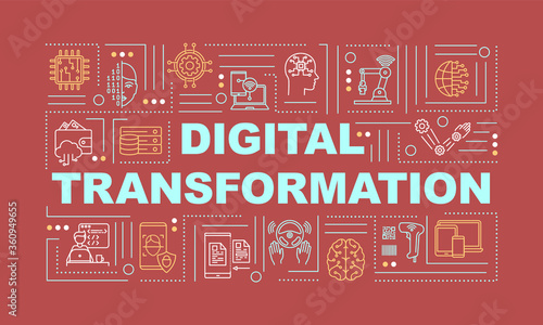 Business digital transformation word concepts banner. Technology implementation. Infographics with linear icons on red background. Isolated typography. Vector outline RGB color illustration