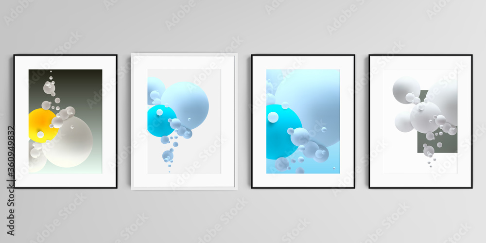 Fototapeta premium Realistic vector set of picture frames in A4 format isolated on gray background. Abstract composition with 3d balls or spheres.