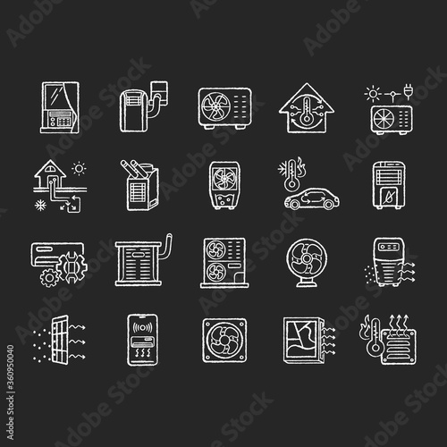 Air conditioning chalk white icons set on black background. Climate control technology. Different household appliances and systems for temperature control. Isolated vector chalkboard illustrations