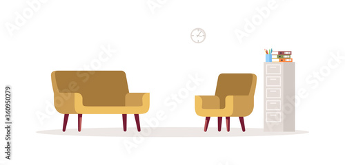 Beige chair and couch semi flat RGB color vector illustration. Sofa and armchair for psychological consultation. Comfortable home interior. Office furniture isolated cartoon object on white background