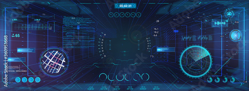 Virtual cyberspace for game with HUD and GUI interface graphic design. Sci-Fi virtual reality view from helmet. HUD and cyberpunk VR sight, radar, map navigation and other interface elements. Vector