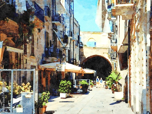 watercolorstyle representing an alley in the historic center of Bari in Puglia Italy photo