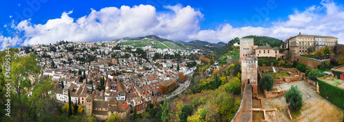 Travel and landmarks of Spain in Andalusia - cityscape of Granada old town and splendid Alhambra complex 