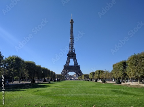 Eiffel Tower from Champ de Mars in Paris, France - September 2016