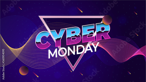 Cyber Monday, online shopping and marketing concept. Vector illustration. Planets on a Neon space Background