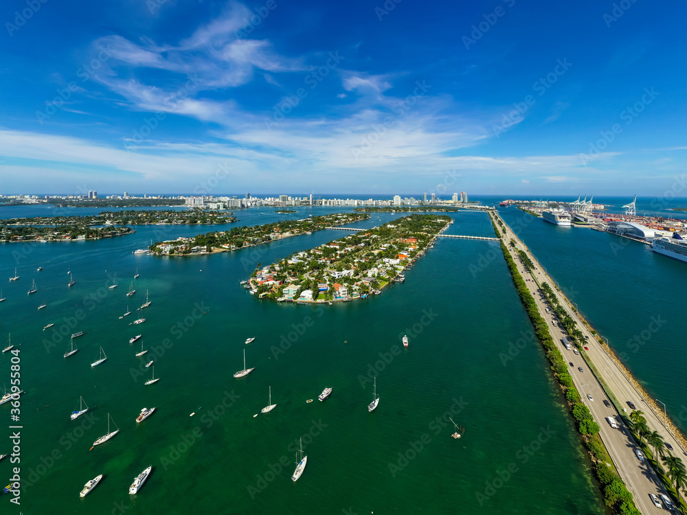 Aerial Miami beautiful photo sailboats islands and bay