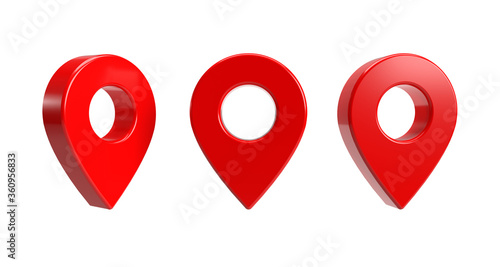 Red map pointer 3d pin. Location symbol isolated on white background. Web location point, pointer. 3D rendering.
