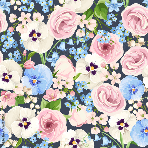 Vector seamless pattern with pink, white and blue lisianthuses, pansies, bluebells and forget-me-not flowers on a blue background.