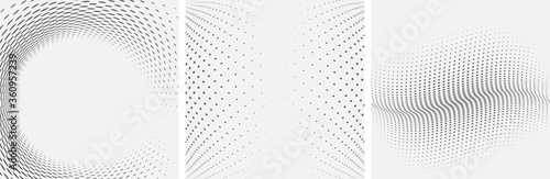 Set of dotted abstract forms. Grunge halftone vector background in black and white colors. Distressed overlay texture. Abstract pattern with circles, waves and swirls. Dot texture.