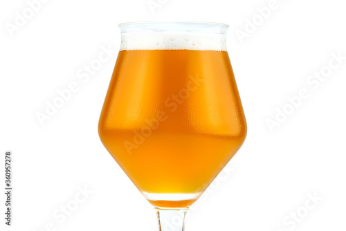 Cold beer in a Teku tasting glass filled to full with foam, drops of water on glass, isolated on a white background with a clipping path. photo