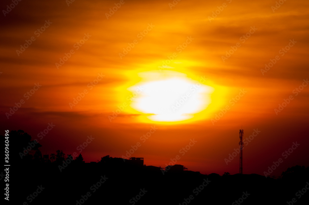 sunset, sky, sun, clouds, orange, sunrise, city, landscape, cloud, silhouette, evening, dusk, red, nature, morning, skyline, building, dawn, horizon, light, urban, blue, color, yellow, beautiful