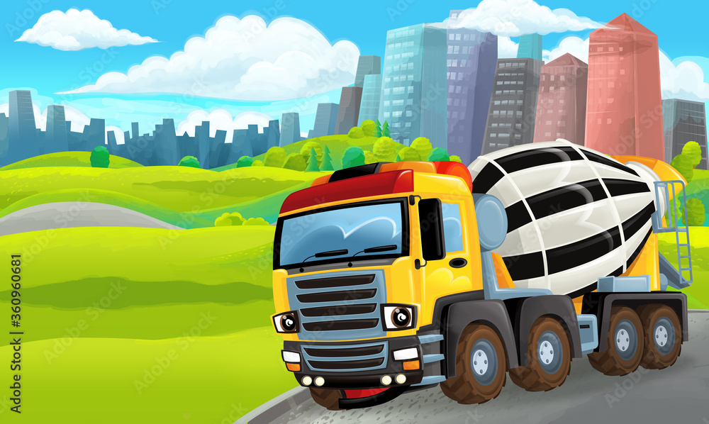 cartoon scene in park outside the city with concrete mixer illustration