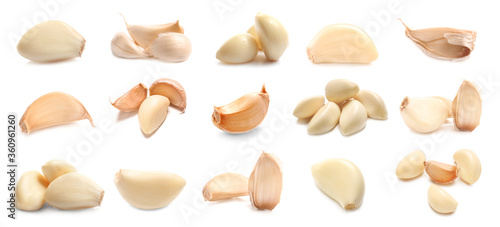 Many fresh garlic cloves on white background