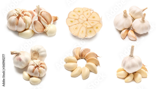 Many fresh garlic on white background