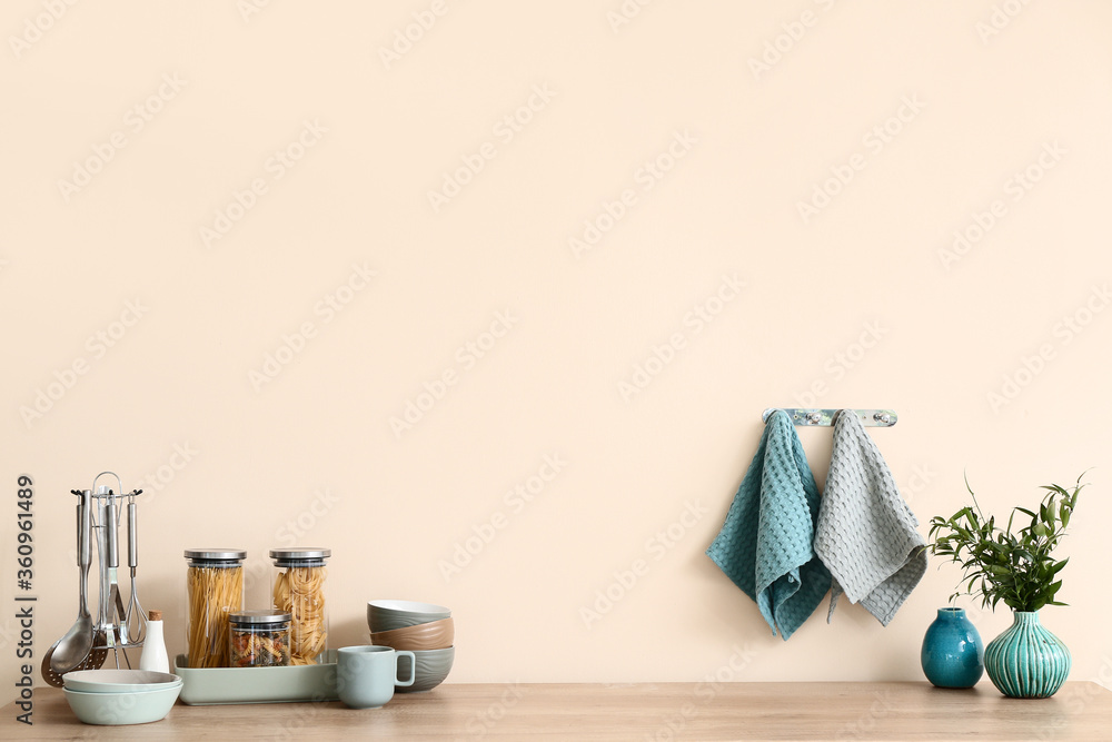 Set of utensils on kitchen counter Set of utensils on kitchen counter