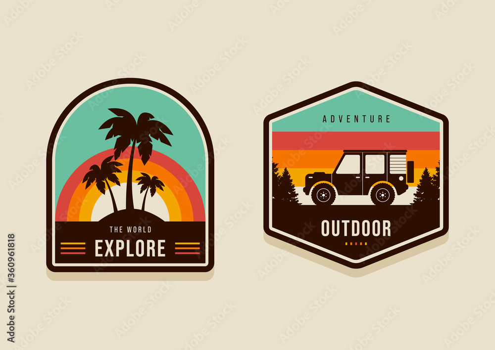 Set of summer travel badges and explore the world concept modern vintage retro style