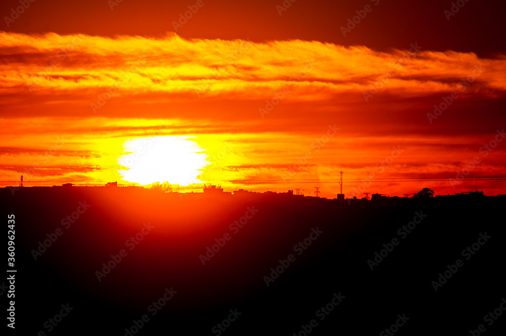 sunset, sky, sun, clouds, orange, nature, landscape, sunrise, cloud, red, evening, blue, silhouette, horizon, yellow, light, view, summer, dusk, color