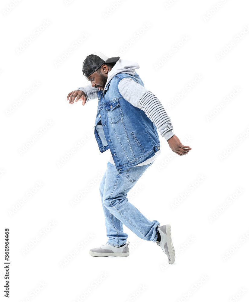 Naklejka premium Male African-American hip-hop dancer on white background
