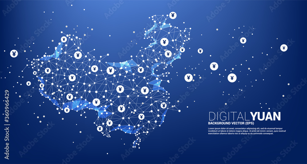 Vector China map from Polygon dot connect line and digital yuan. Concept for financial china digital network connection.