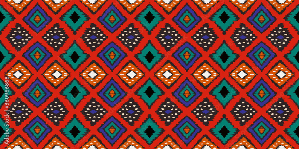 Ikat geometric folklore ornament with diamonds. Tribal ethnic vector texture. Seamless striped pattern in Aztec style. Folk embroidery. Indian, Scandinavian, Gypsy, Mexican, African rug.