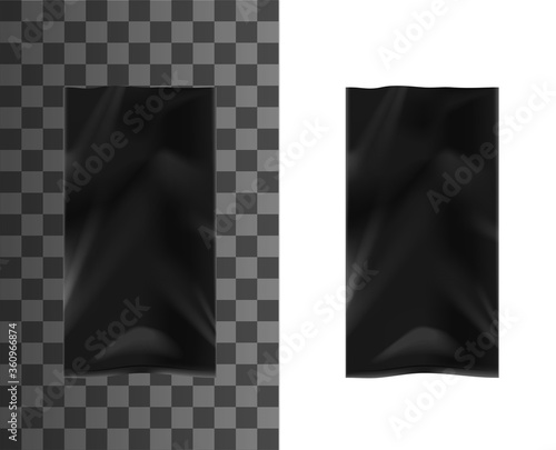 Black plastic bags isolated vector 3d realistic package. Empty polyethylene container, pouch, pack or polybag mockup. Disposable packet, cellophane wrap or sachet for food or garbage packaging