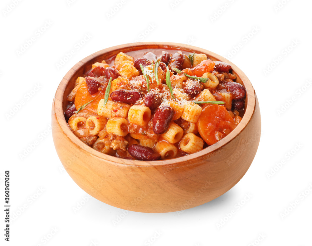 Bowl with tasty pasta and beans on white background Bowl with tasty pasta and beans on white background