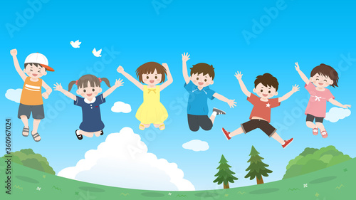 元気にジャンプする子どもたちのイラスト 青空風景