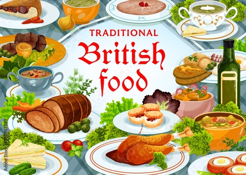 Britain cuisine vector kidney soup, scones and candied fruit pie with scottish eggs, broccoli and vegetable puree. Roast beef with yorkshire pudding and cucumber sandwich meals, English food poster