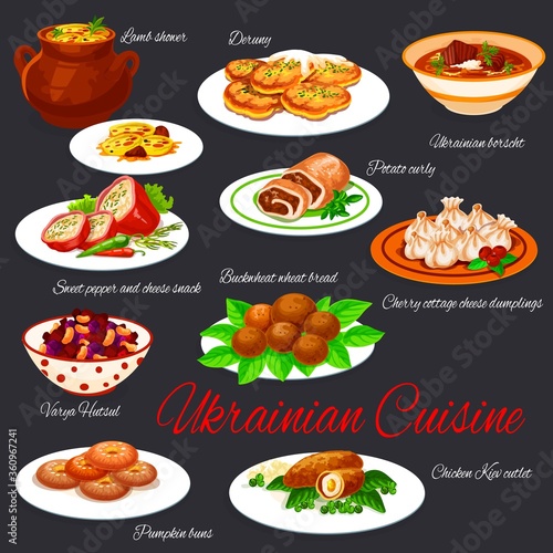 Ukrainian national cuisine dishes restaurant menu vector set. Borscht and deruny, buckwheat bread, vegetable salad, pumpkin buns, chicken Kiev cutlet, mutton stew and stuffed peppers