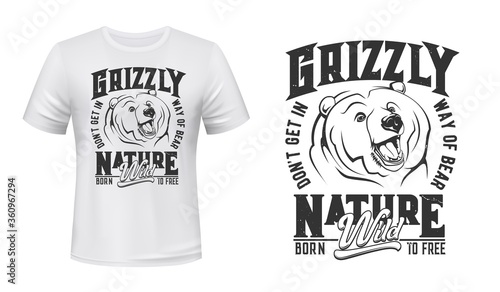 Grizzly bear mascot t-shirt print vector mockup. Emblem with roaring bear head, grizzly showing fangs. Apparel custom design print template with wild, predatory animal, slogan and typography