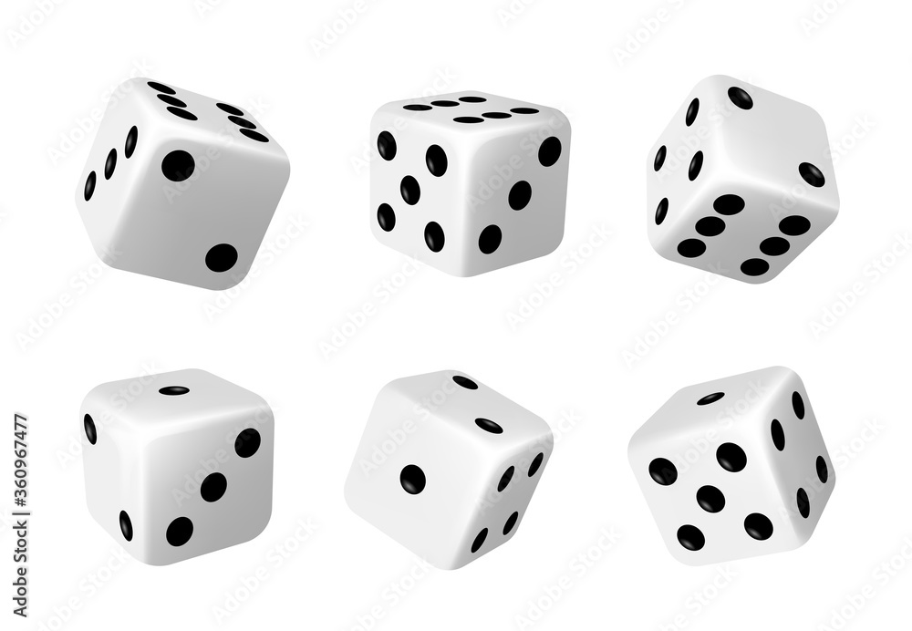 White dices with black dots set. Pipped dices with rounded corners. Die for casino craps, table or board games, luck and random choice symbol from different sides view, isolated 3d realistic vector White dices with black dots set. Pipped dices with rounded corners. Die for casino craps, table or board games, luck and random choice symbol from different sides view, isolated 3d realistic vector