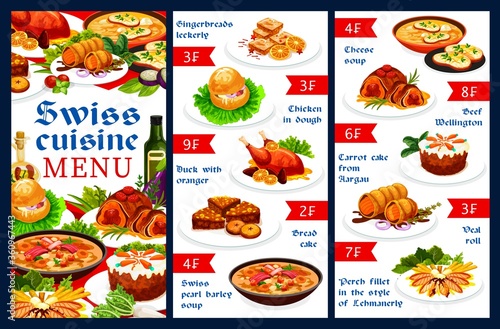 Swiss food cuisine restaurant vector menu template with meat dishes and pastry desserts. Gingerbread leckerli, chicken in dough, duck with orange and bread cake. Swiss pearl barley soup menu dishes