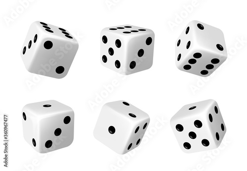 White dices with black dots set. Pipped dices with rounded corners. Die for casino craps, table or board games, luck and random choice symbol from different sides view, isolated 3d realistic vector photo