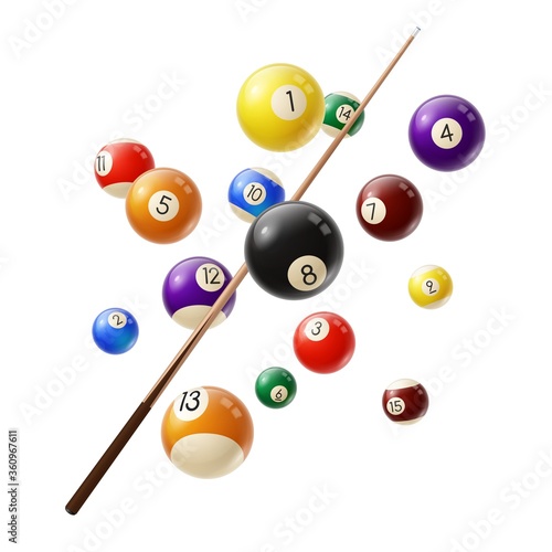 Billiard balls and cue 3d realistic vector. Various color billiard balls with digits flying in air, wooden cue isolated on white background. Snooker or pool club, sport competition equipment