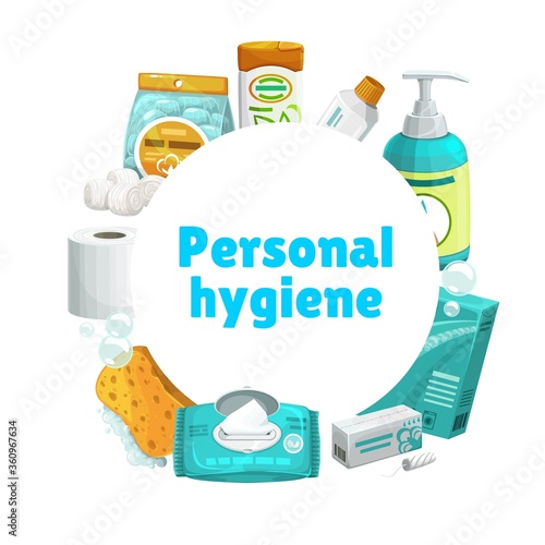 Personal hygiene and care, vector round banner. Shampoo and toothpaste, liquid soap or sanitizer, detergent, sponge with foam bubbles, wet wipes and sanitary tampon, toilet paper and cotton balls