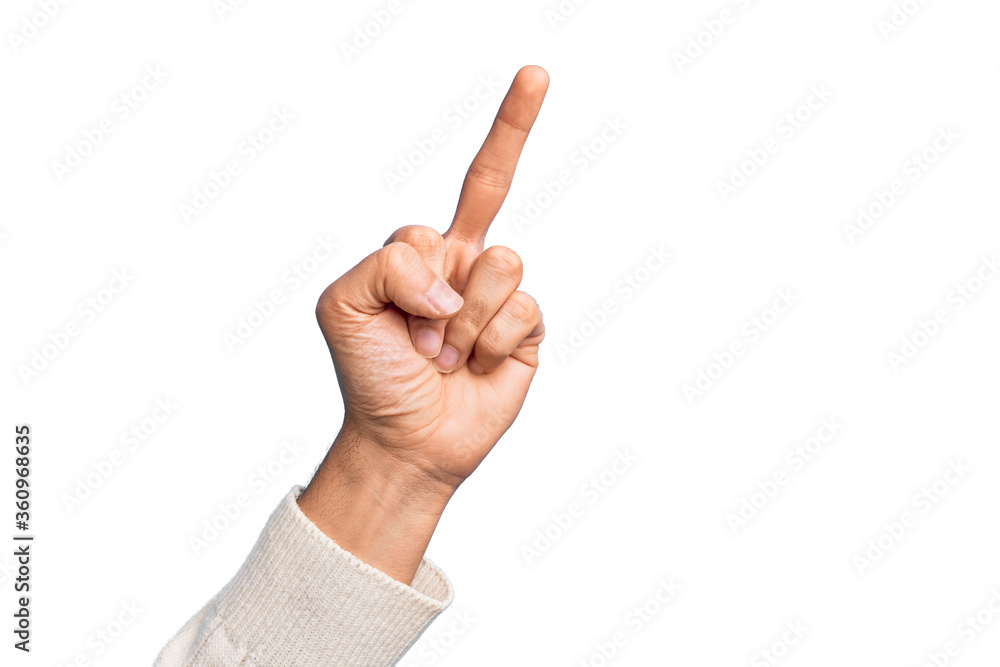 Hand of caucasian young man showing fingers over isolated white background showing provocative and rude gesture doing fuck you symbol with middle finger Hand of caucasian young man showing fingers over isolated white background showing provocative and rude gesture doing fuck you symbol with middle finger