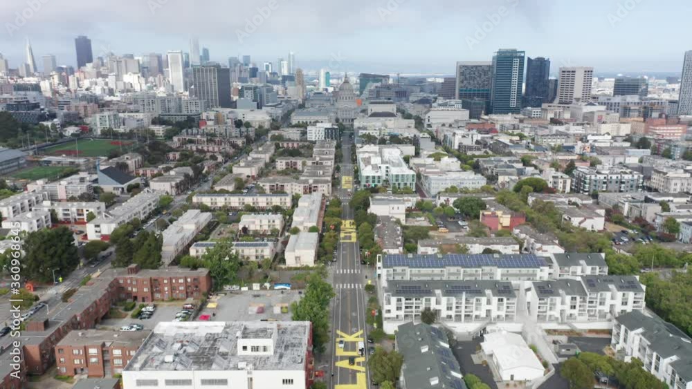 Aerial BLM Black Lives Matter street sign to San Francisco City Hall and Skyline, Reveal Descend Shot Aerial BLM Black Lives Matter street sign to San Francisco City Hall and Skyline, Reveal Descend Shot