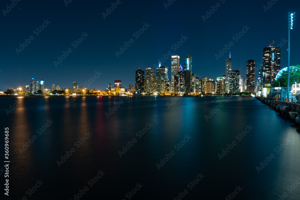 Michigan lake and Chicago skyline at night