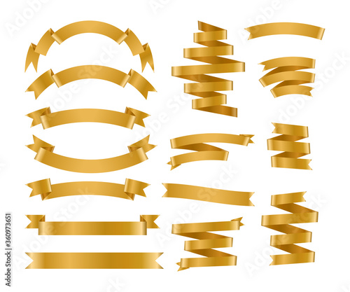 Shiny foil gold ribbon set. Metallic background banner. Congratulation gradient retro flag, tape for text, price tag, sale label. Blank template different shape. Isolated on white vector illustration
