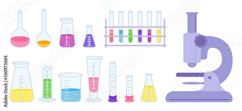 Microscope, flask and beaker, microscope, jars. Equipment lab science chemistry, flat cartoon set. Erlenmeyer flask, distilling, volumetric test tube. Laboratory research elements. Vector illustration