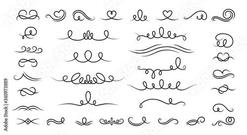 Curl and swirl calligraphic set. Vintage borders, vignettes decorative elements. Elegant graphics elements ink black and white drawing whorls. Isolated vector illustration